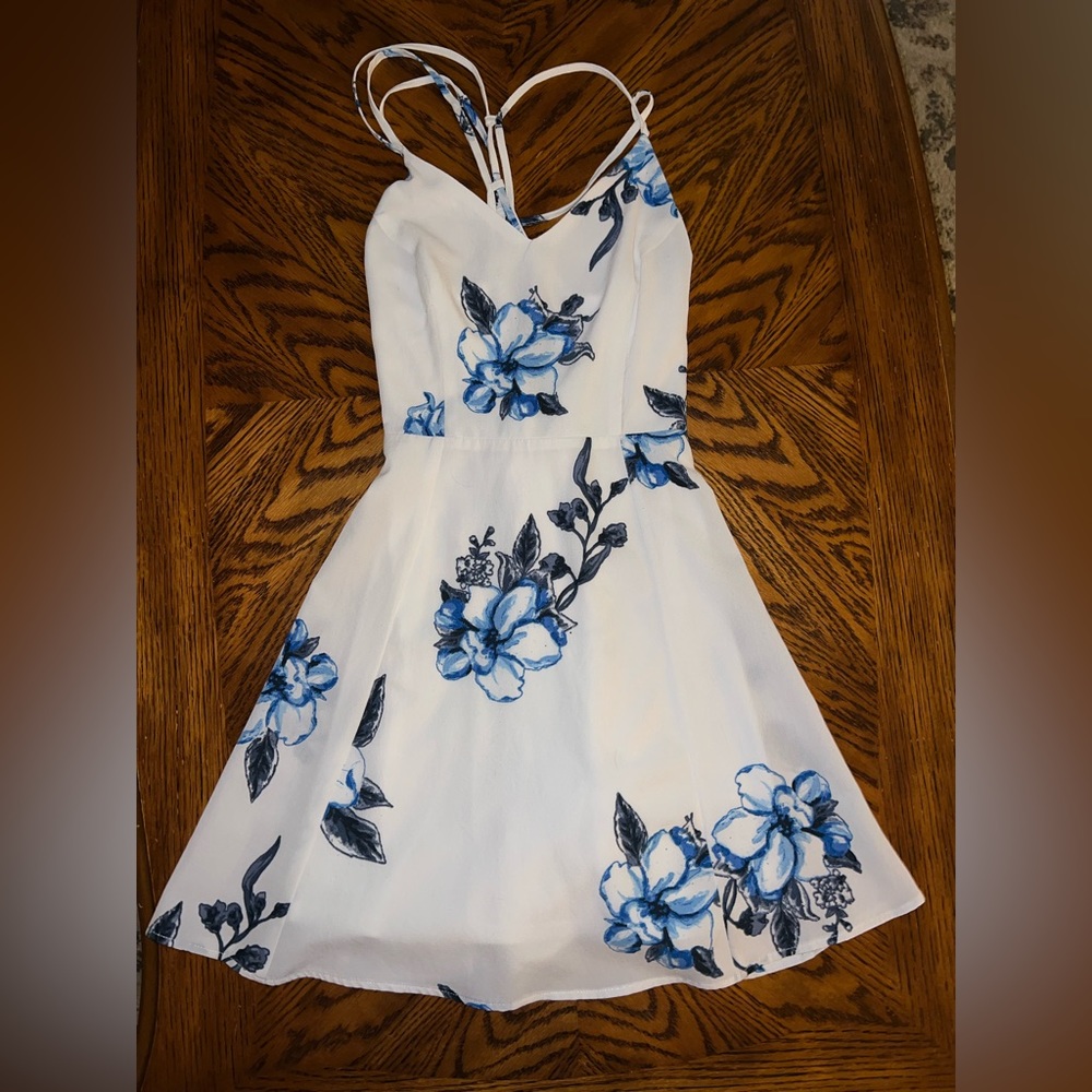lacy up A line dress with blue flowers